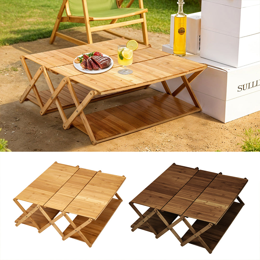 4-tier Portable Bamboo Camping Storage Rack Foldable Outdoor Picnic Organizer Shelf For Camping | Natural