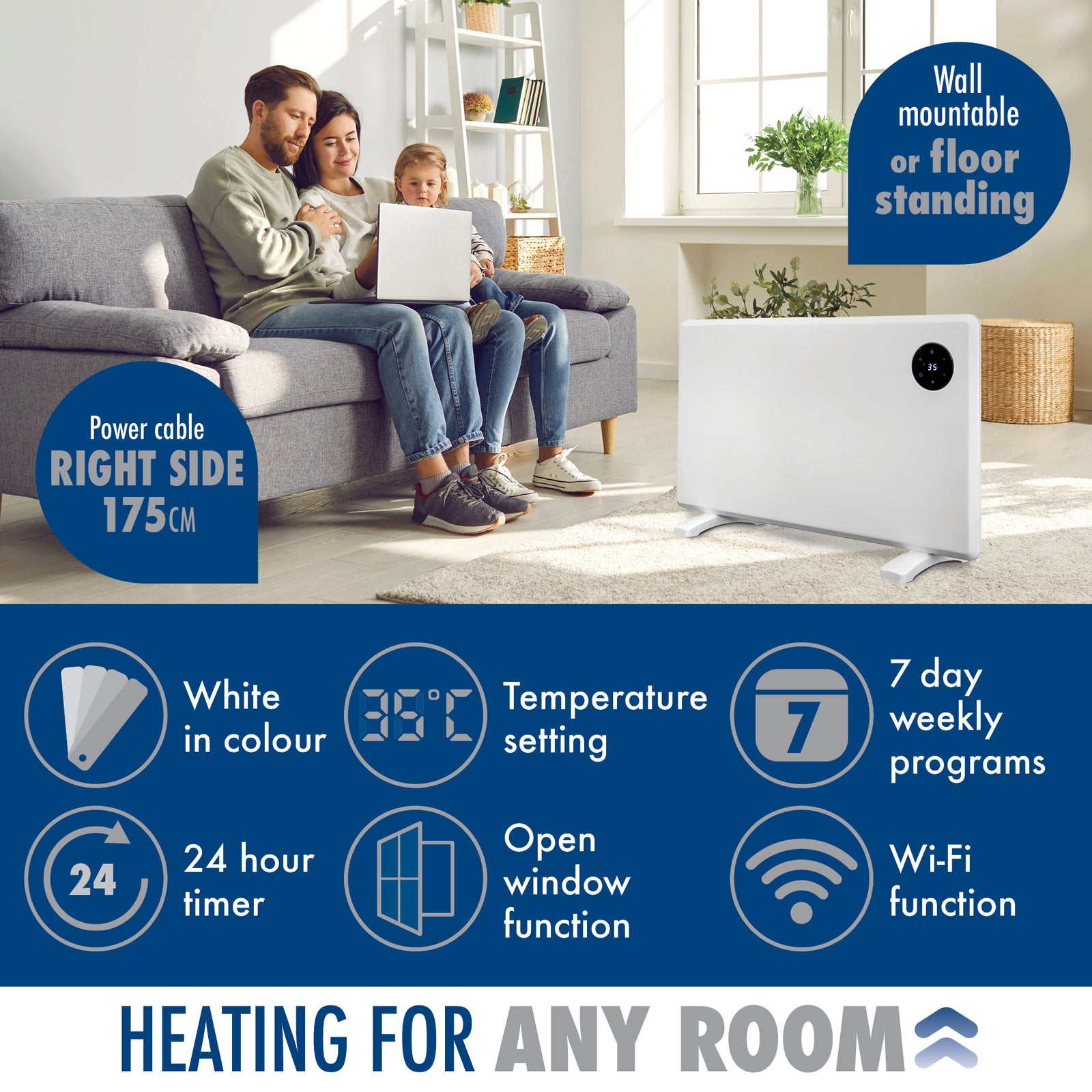 Wifi Smart Electric Radiator Panel Heater White Wall Mounted Or Floor Standing Bathroom Safe Timer And Thermostat | 1500w | White