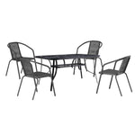 Garden Tempered Glass Square Table With Set Of 4 Pe Rattan Chairs | Large | Black