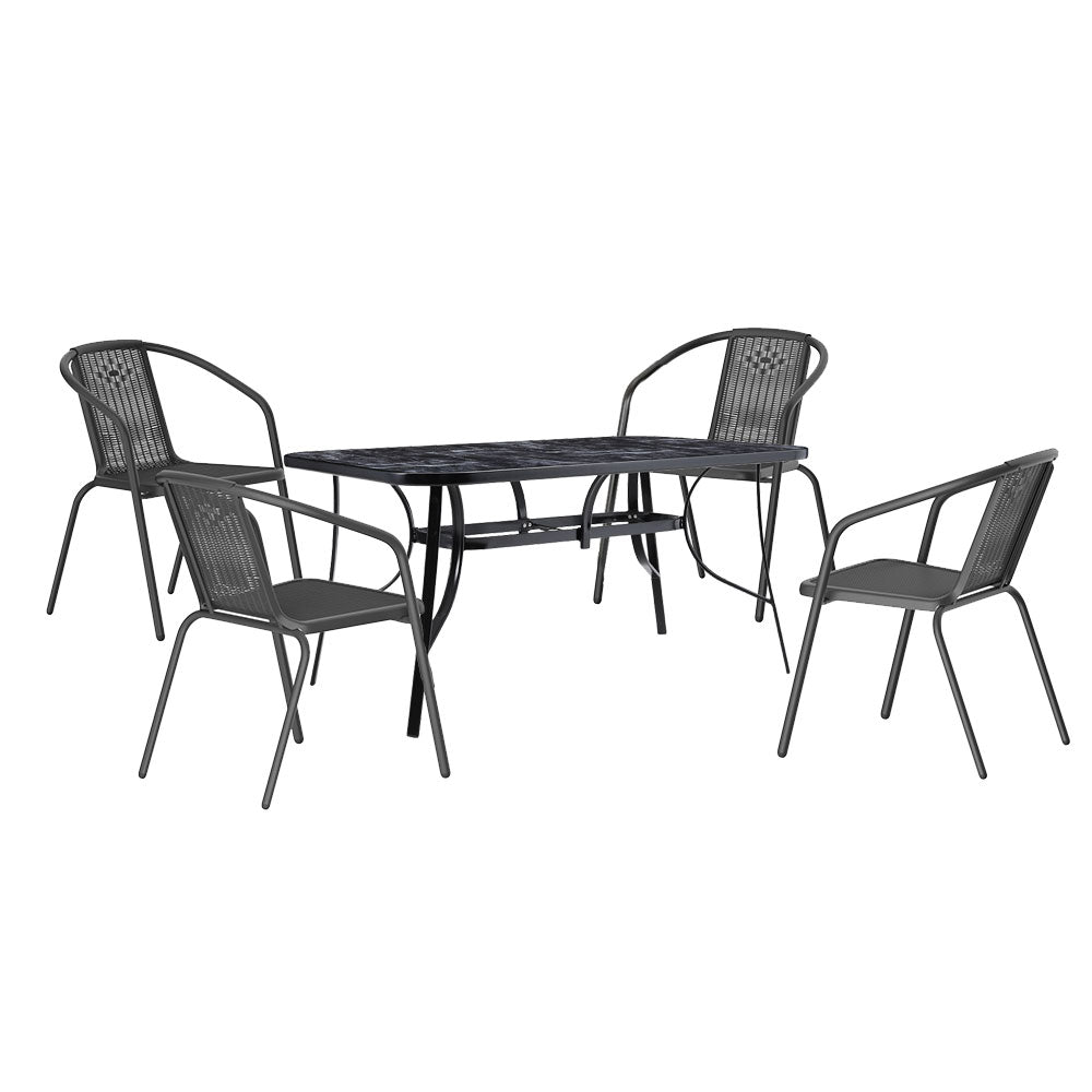 Garden Tempered Glass Square Table With Set Of 4 Pe Rattan Chairs | Large | Black
