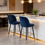 Set of 2 Royal Blue Upholstered Bar Stools, Velvet-Feel Fabric Counter Chairs with Backrest, Black & Gold Metal Legs