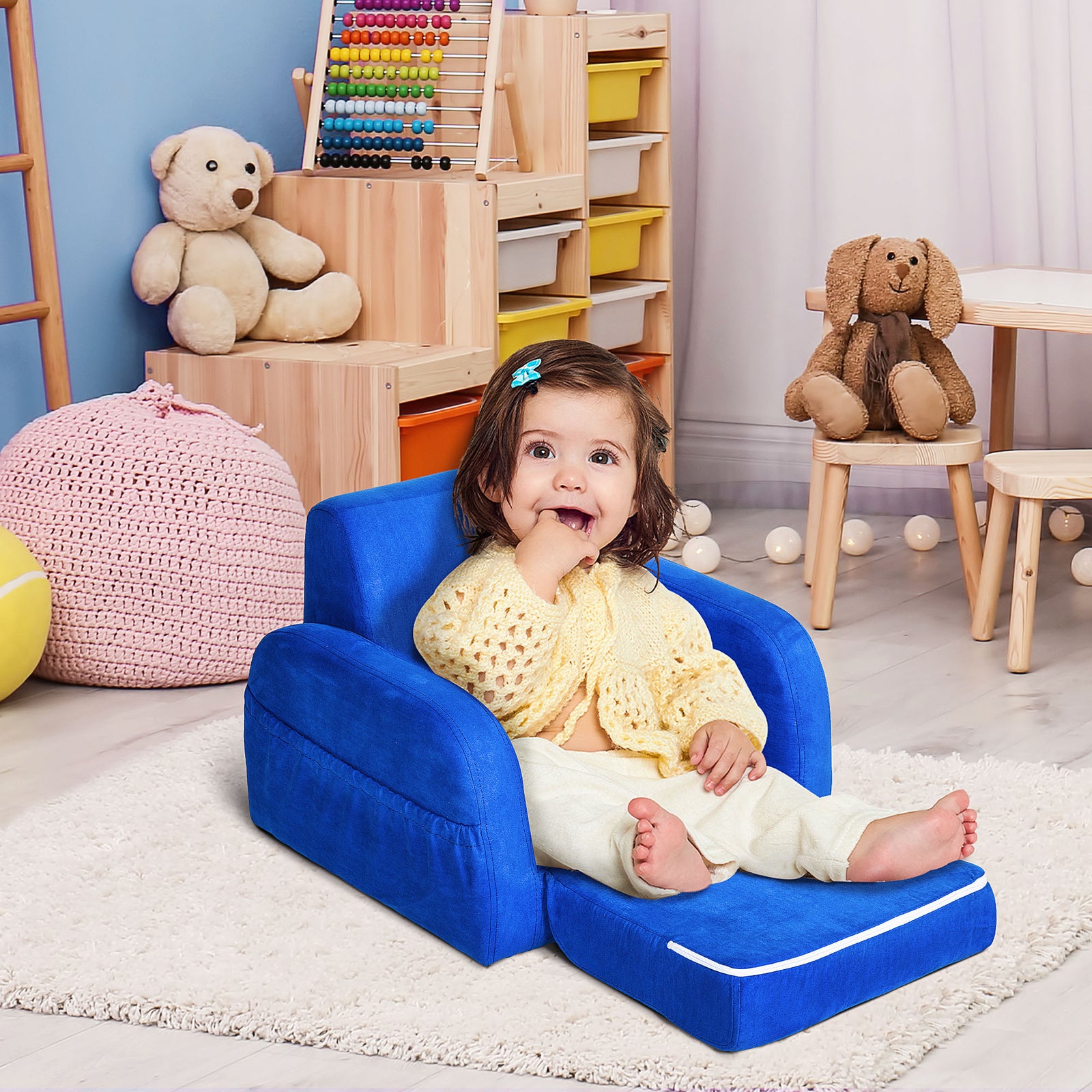 2 In 1 Kids Armchair Sofa Bed Fold Out Padded Wood Frame Bedroom | Blue