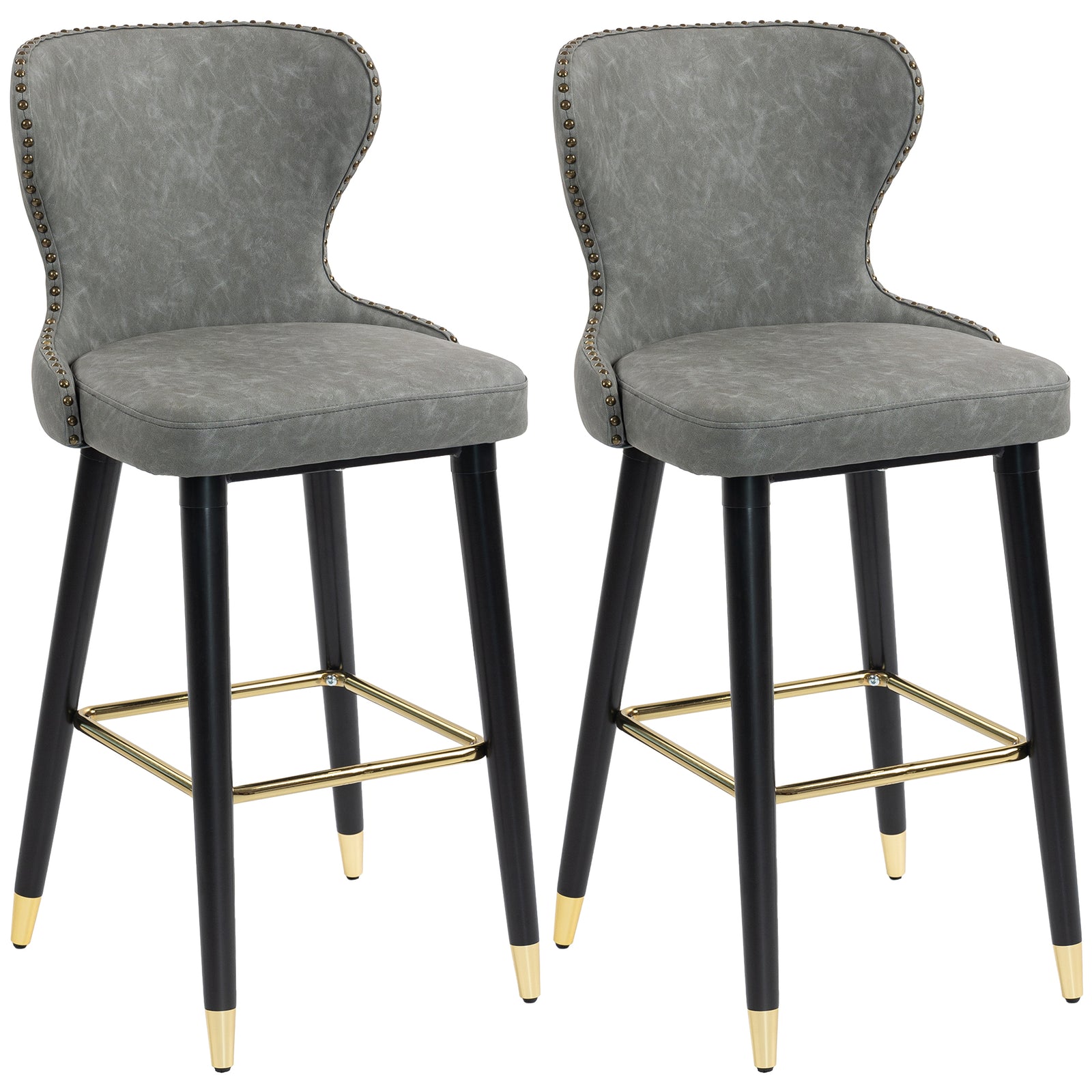 Bar Stools Set Of 2, Dining Stools With Backrest, Footrest, Grey