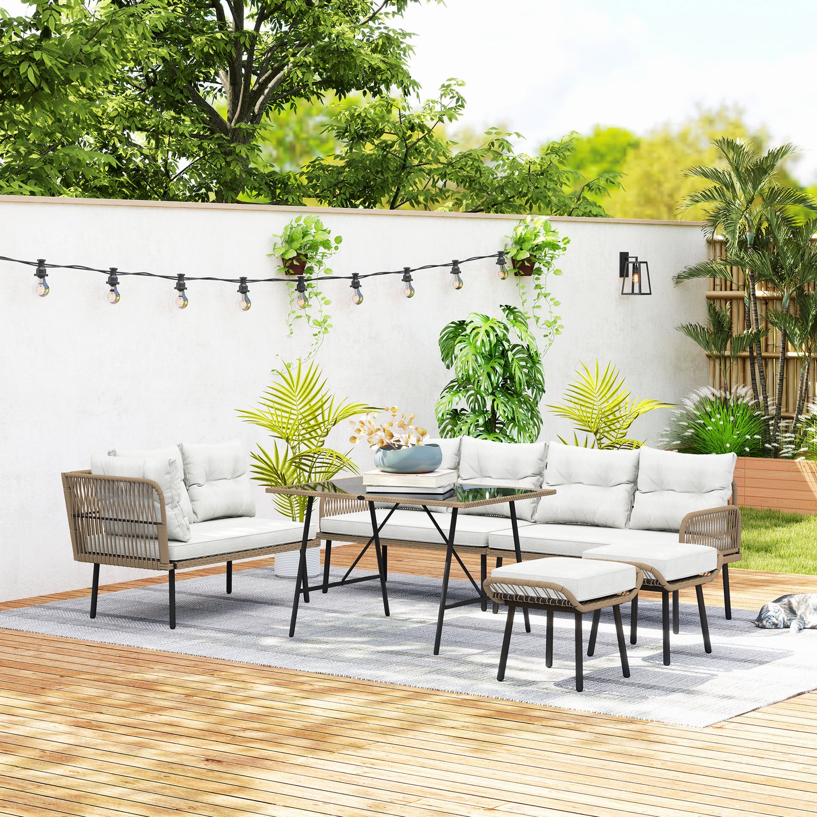 Sectional Outdoor Furniture With Glass Top Table Cream White