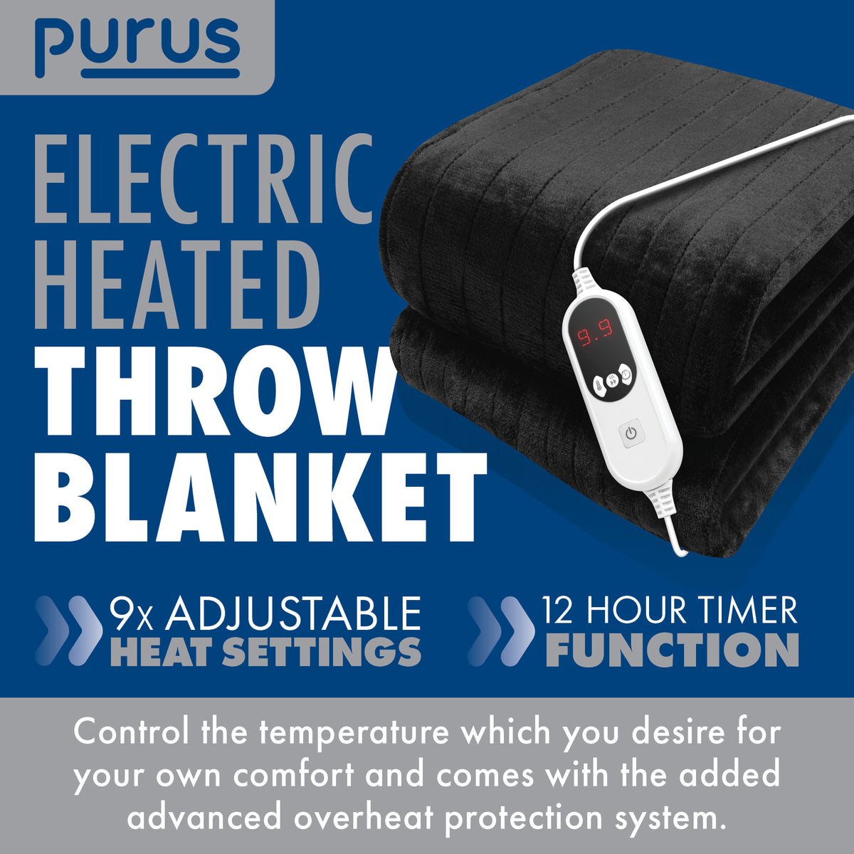 Deluxe Electric Throw Heated Double Over Blanket Soft Fleece 9 Heat & 12 Timer Settings | L | Black