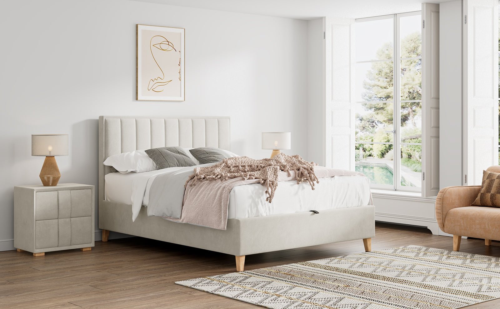 Rhodes Velvet Ottoman Bed | Small Double | Natural