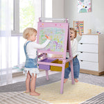 Kids Wooden Art Easel With Paper Roll Double-sided Chalkboard, Whiteboard