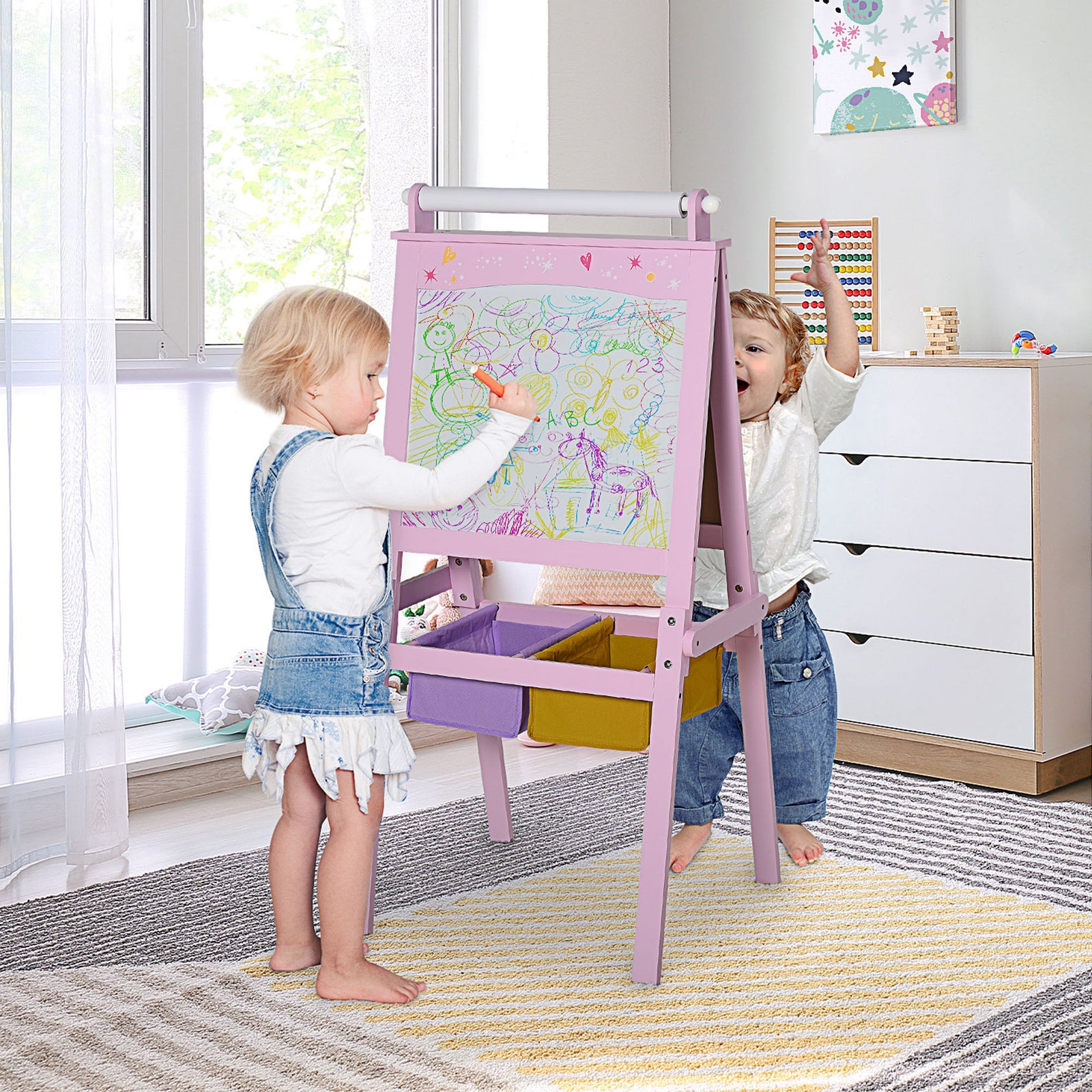 Kids Wooden Art Easel With Paper Roll Double-sided Chalkboard, Whiteboard