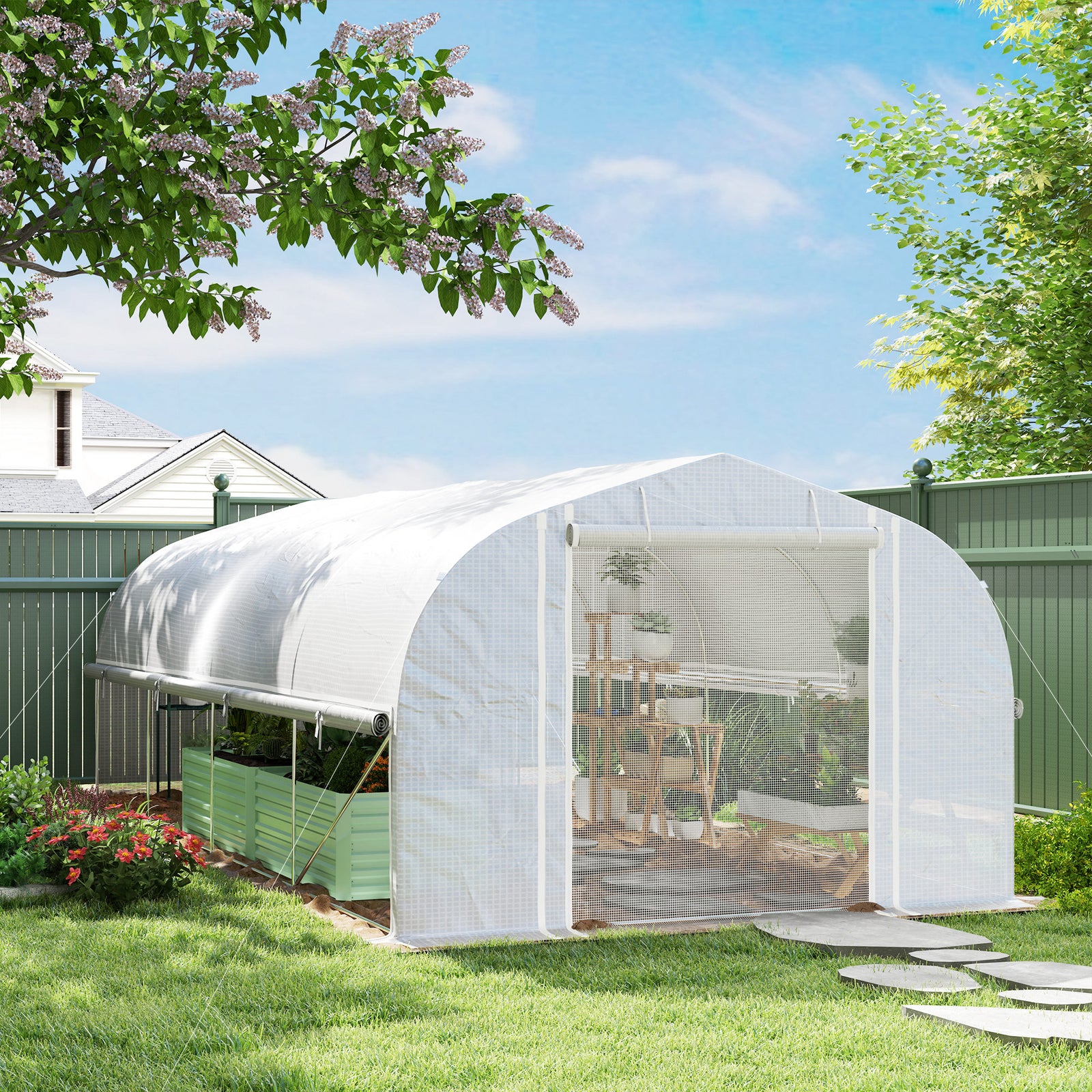 6x3x2m Polytunnel Greenhouse, Roll-up Sidewalls, White