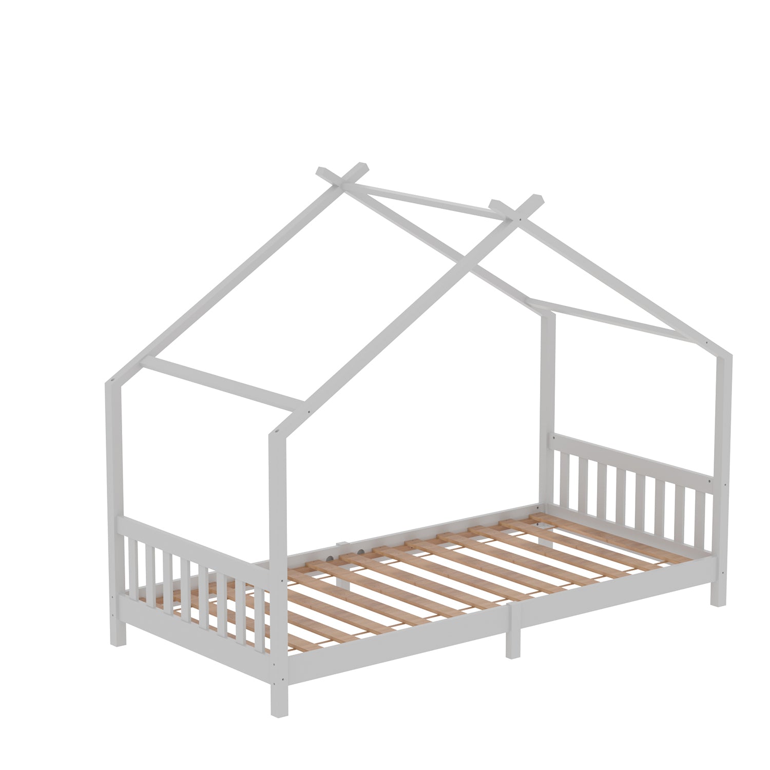 Kids Pine Wood House Bed Frame With Guardrails – 190cm X 90cm Low Design White  Toddler Single Bed
