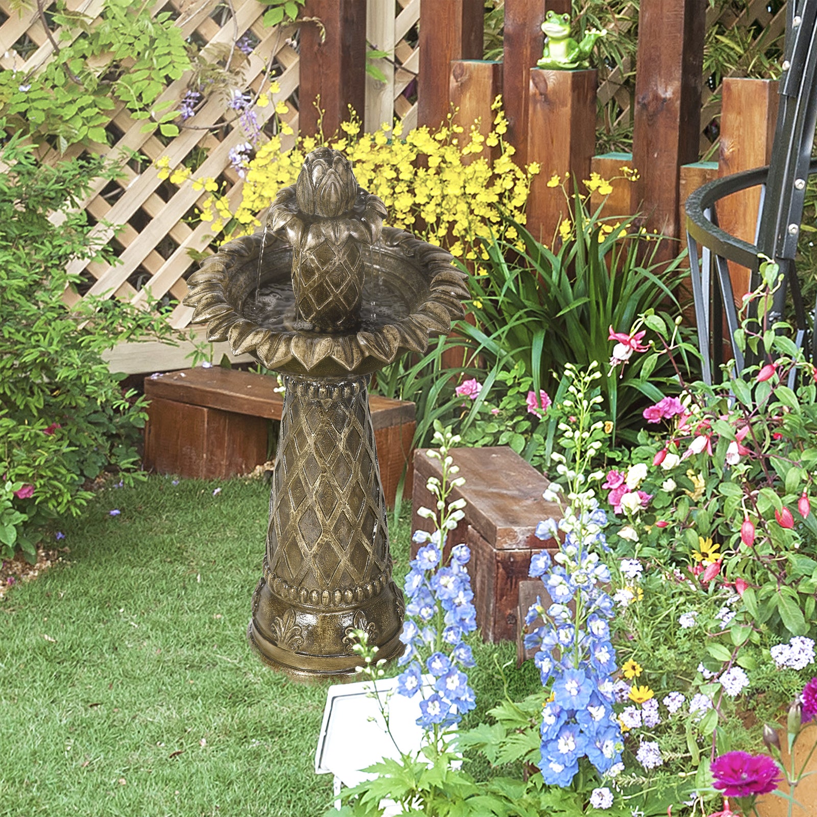 2-tier Outdoor Waterfall Fountain With Electric Pump, Brown