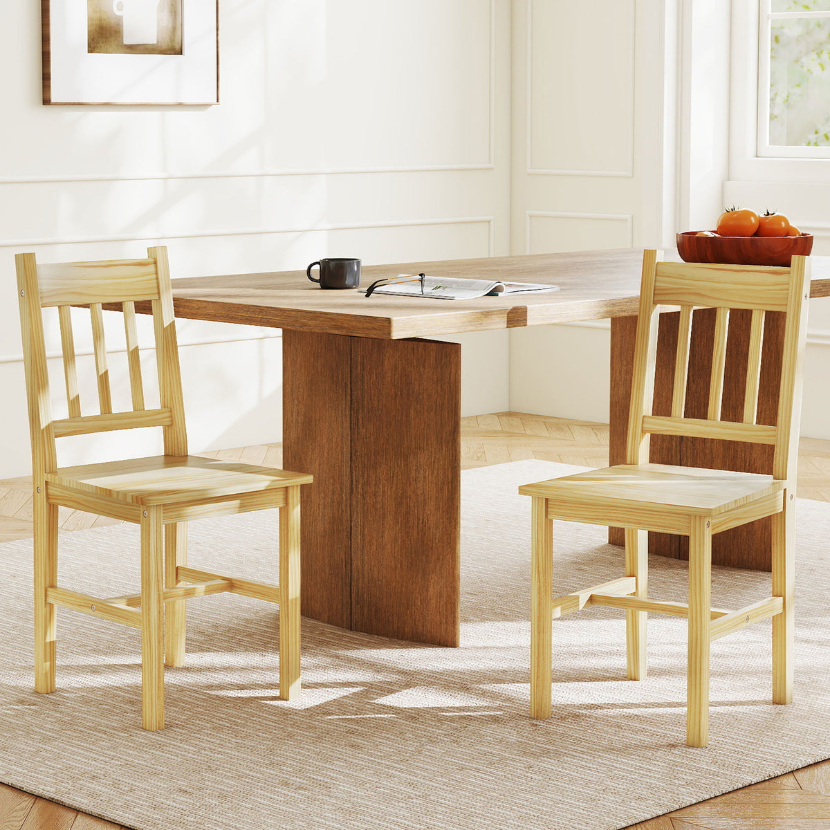 Dining Chairs Set Of 2, Pine Wood Frame, Slat Back, Kitchen, Natural