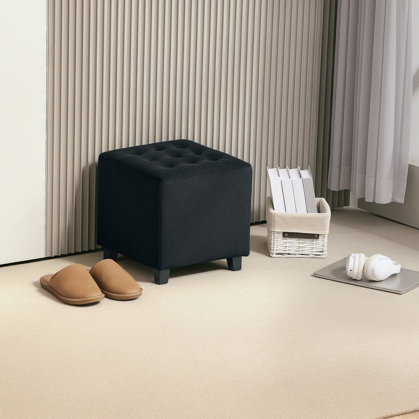 Square Footstool Small Ottoman With Wood Legs For Bedroom | One Size | Gray