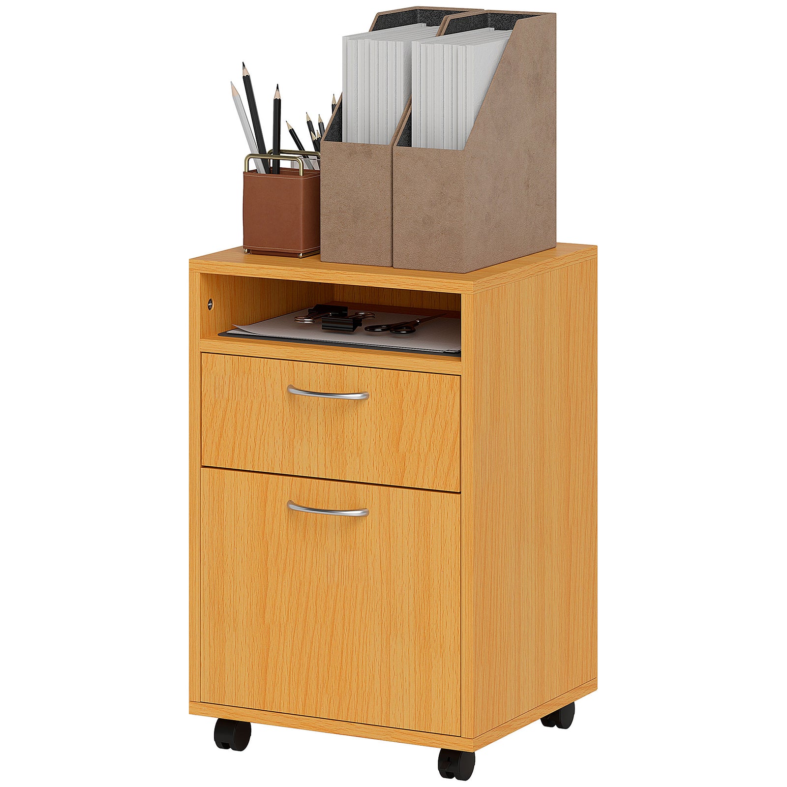 60cm Filing Cabinet With Drawers And Open Shelf | Natural