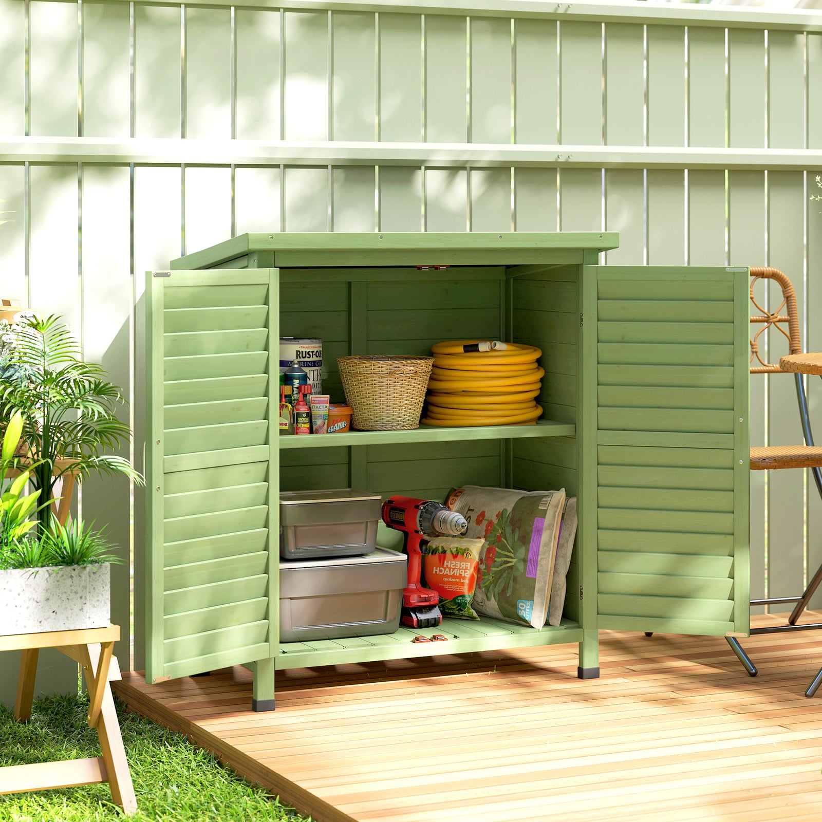 Solid Wood Garden Storage Shed With Doors Green