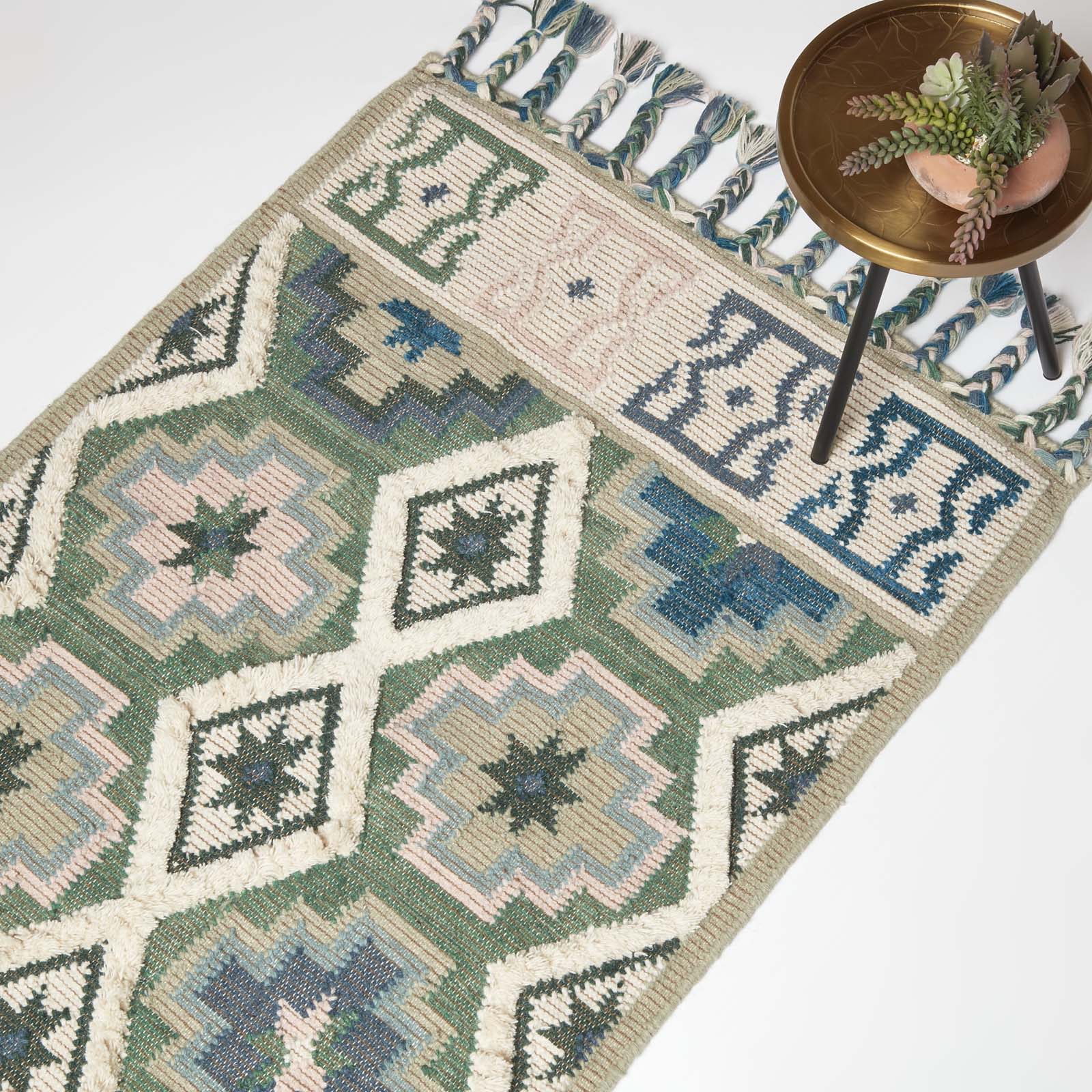 Matala Green & Blue Kilim Wool Rug | 120cm x 180cm | Light Green