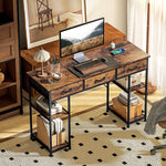 Computer Writing Desk With Power Outlets, Drawers, Shelves | Brown