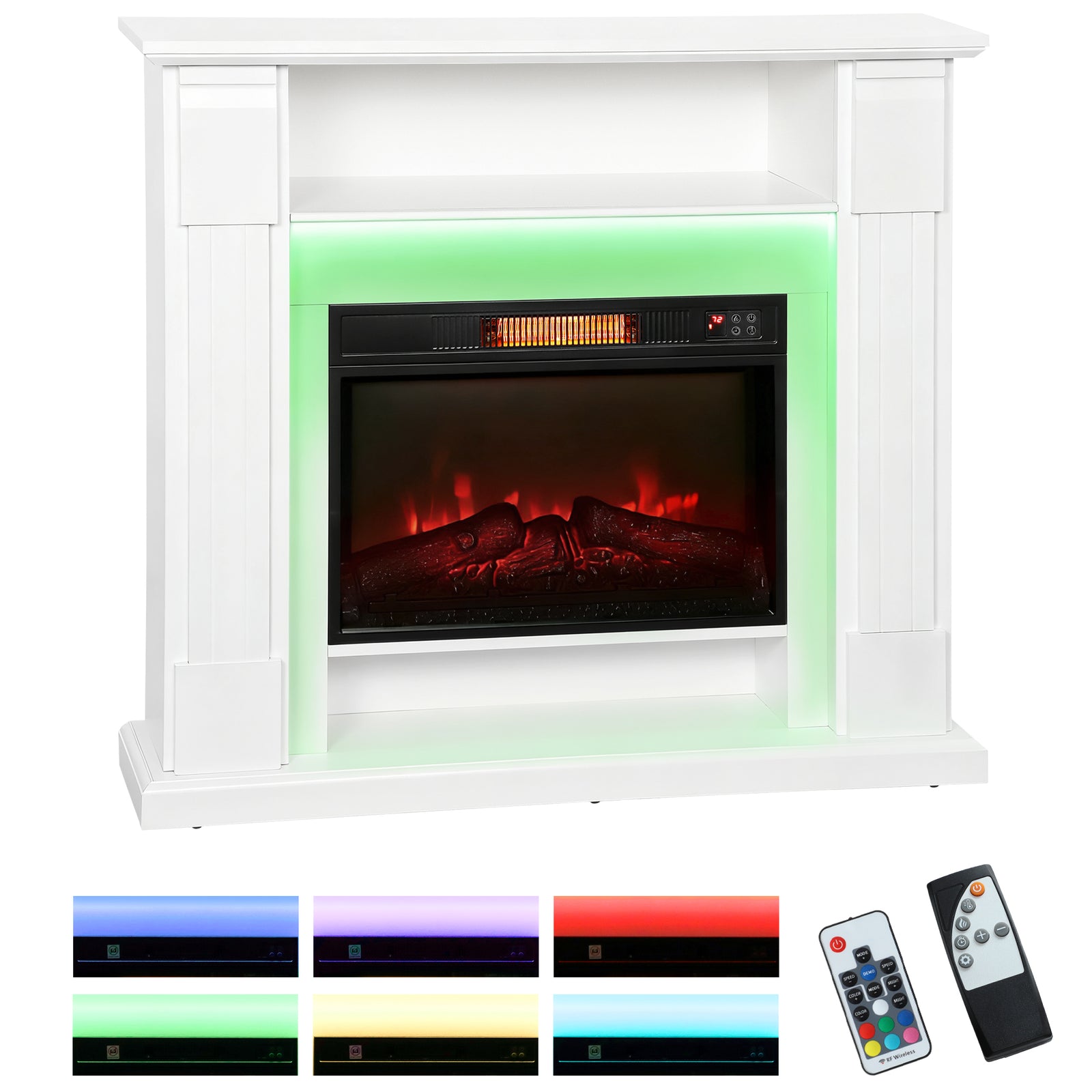 1800w Inset Electric Fireplace With Rgb Led Lights, White