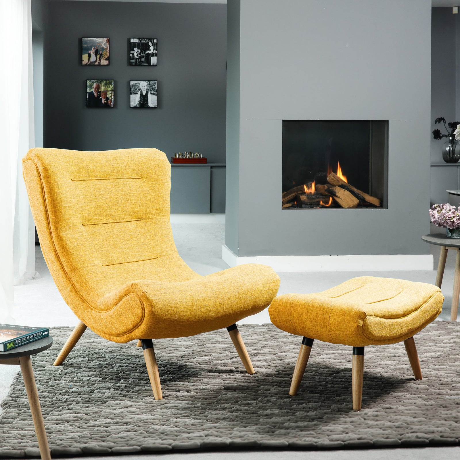 Madelia Textured Fabric Accent Chair And Stool And Footstool | Yellow