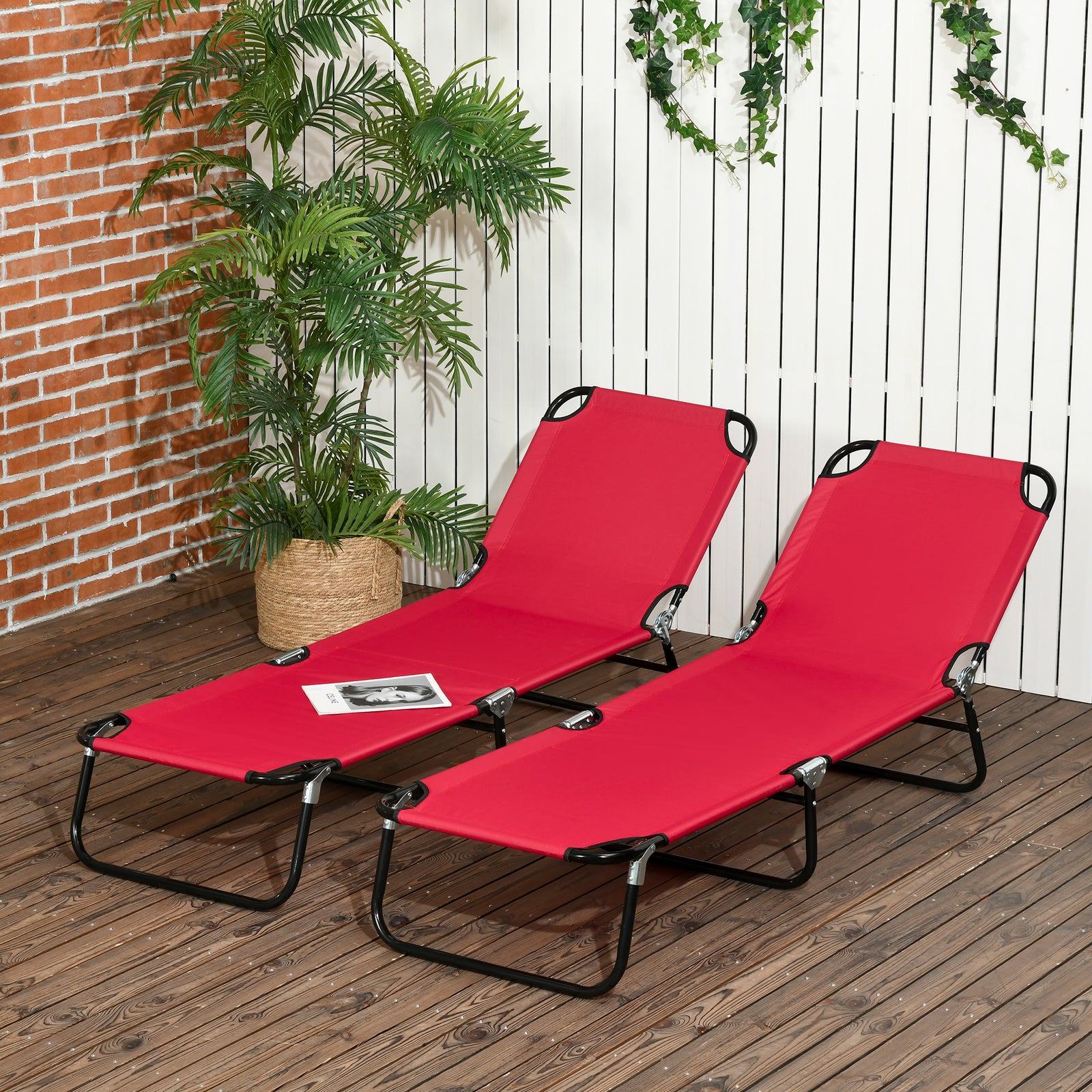 Folding Sun Loungers Set Of 2 With Adjustable Backrest | Red