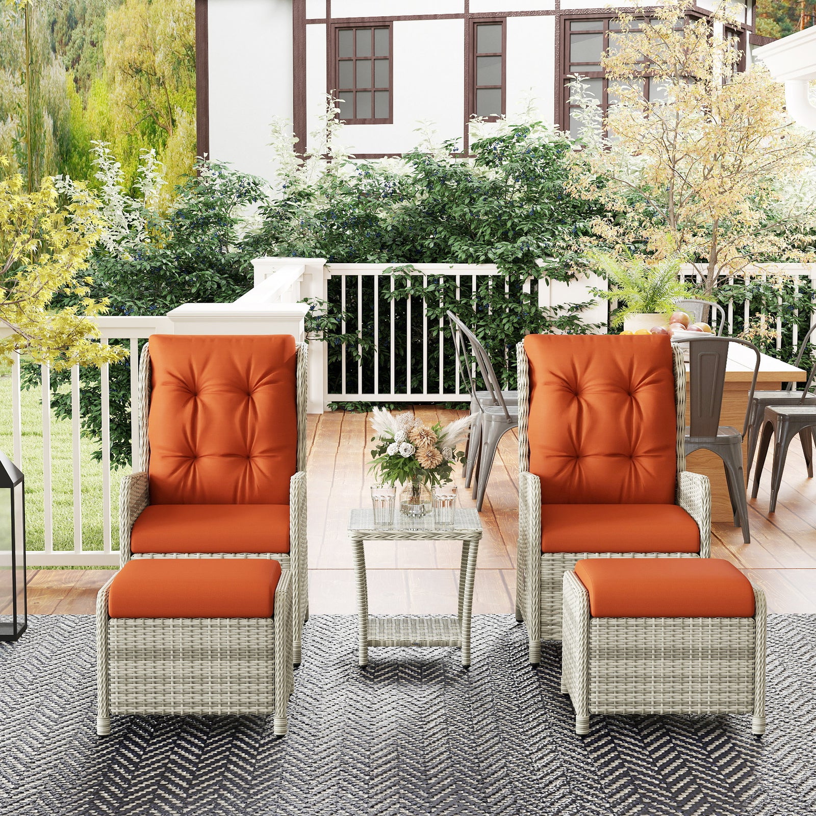 Recliner Rattan Garden Furniture W/ Two-tier Glass Top Table | Orange