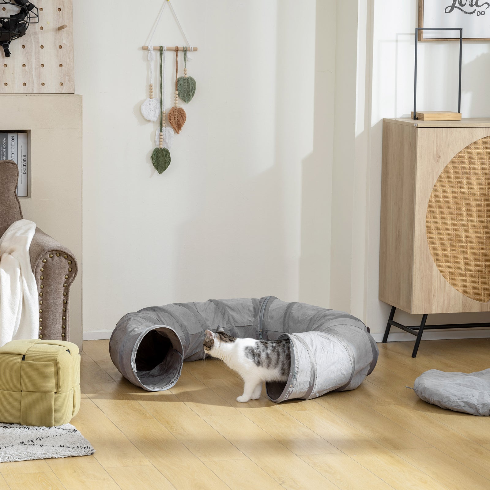 2 In 1 Cat Tunnel With Bed, Cat Play Tunnel For Indoor Cats, Grey