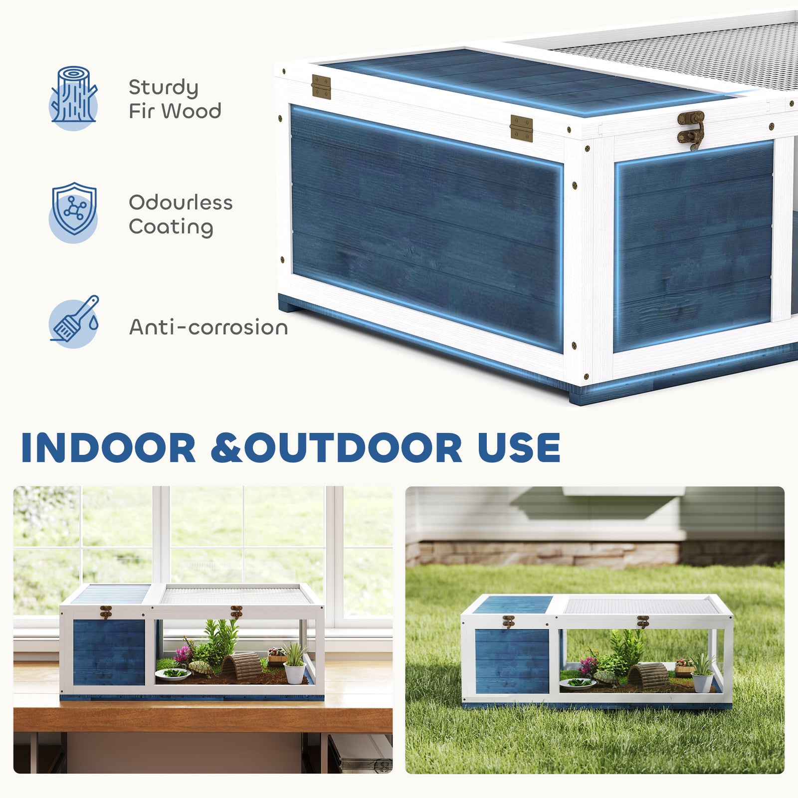 Tortoise House With Mesh Roof, Small Pet Reptile Wooden House | Blue