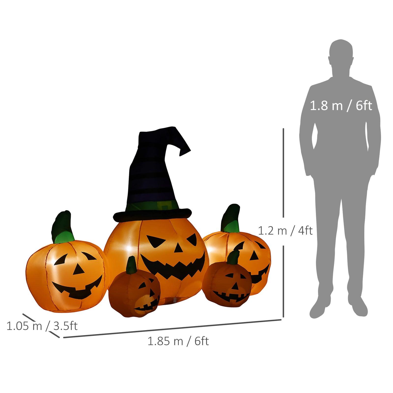 6' Inflatable Halloween Large Pumpkin In Hat W/ Four Small Pumpkin Led