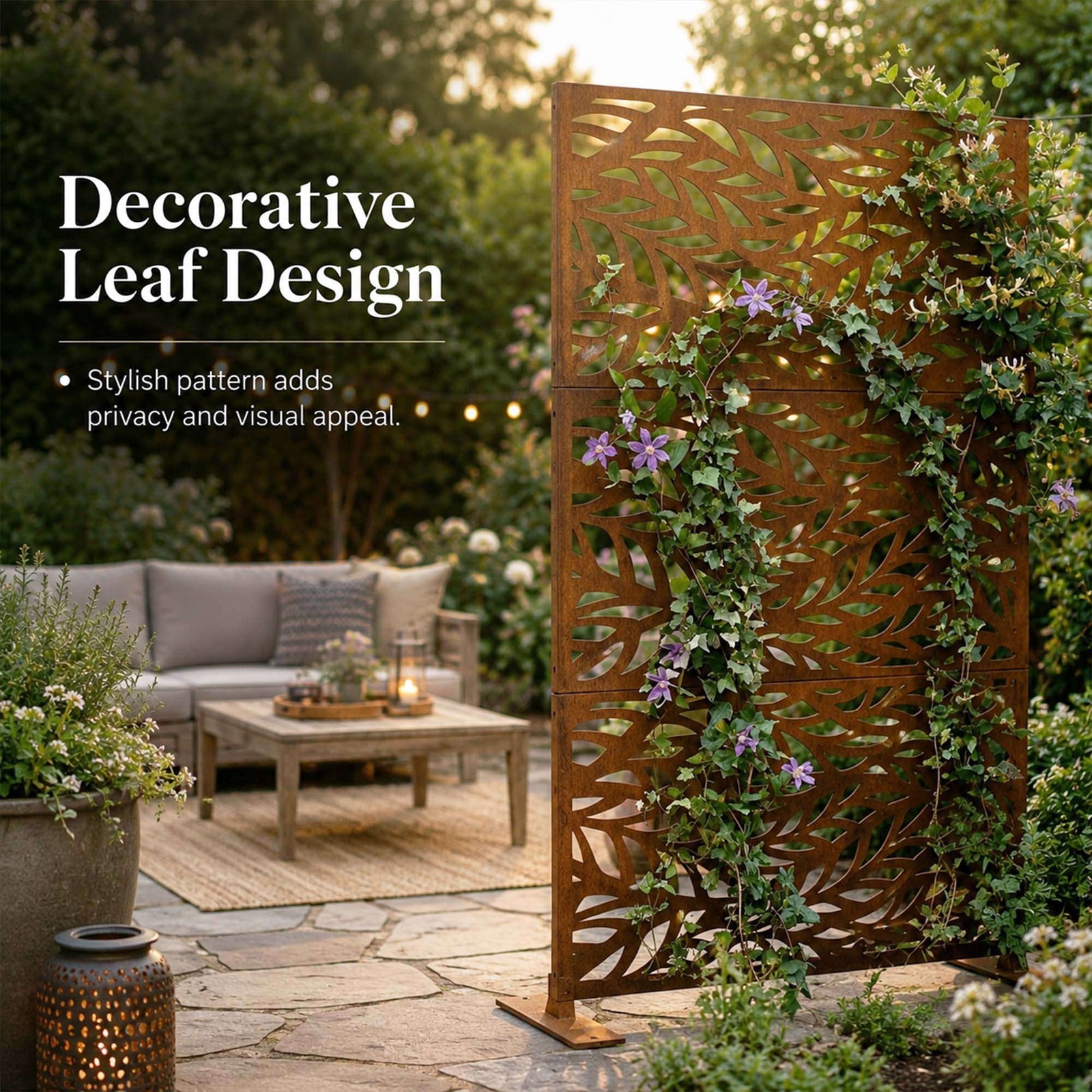 Indoor Outdoor Metal Privacy Screen - Leaf Pattern | Rust