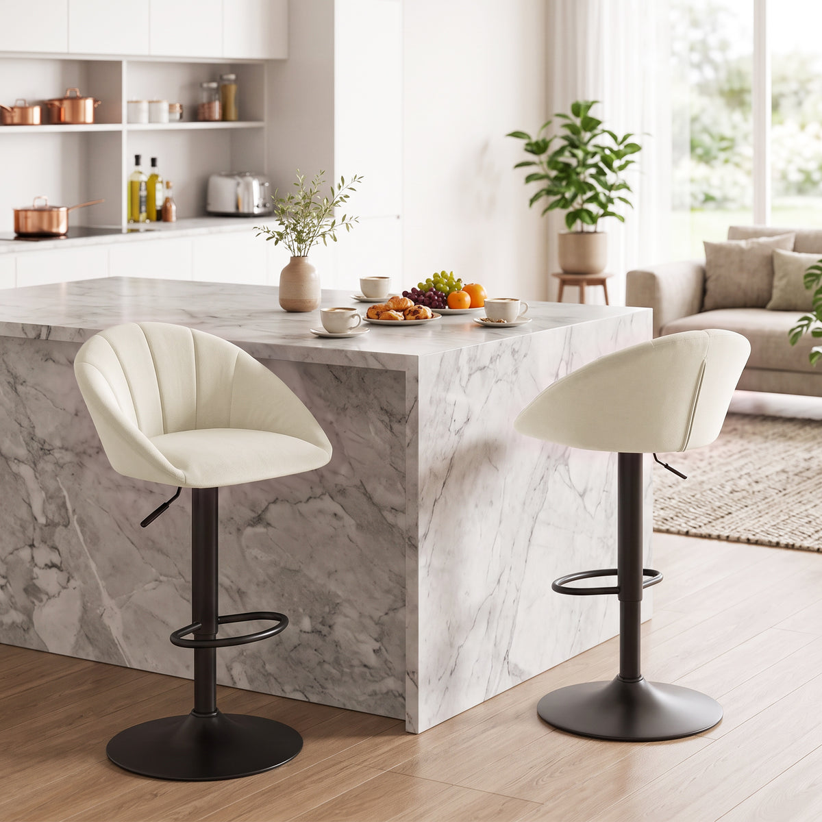 Bar Stools Set Of 2 Velvet Adjustable Swivel | Cream