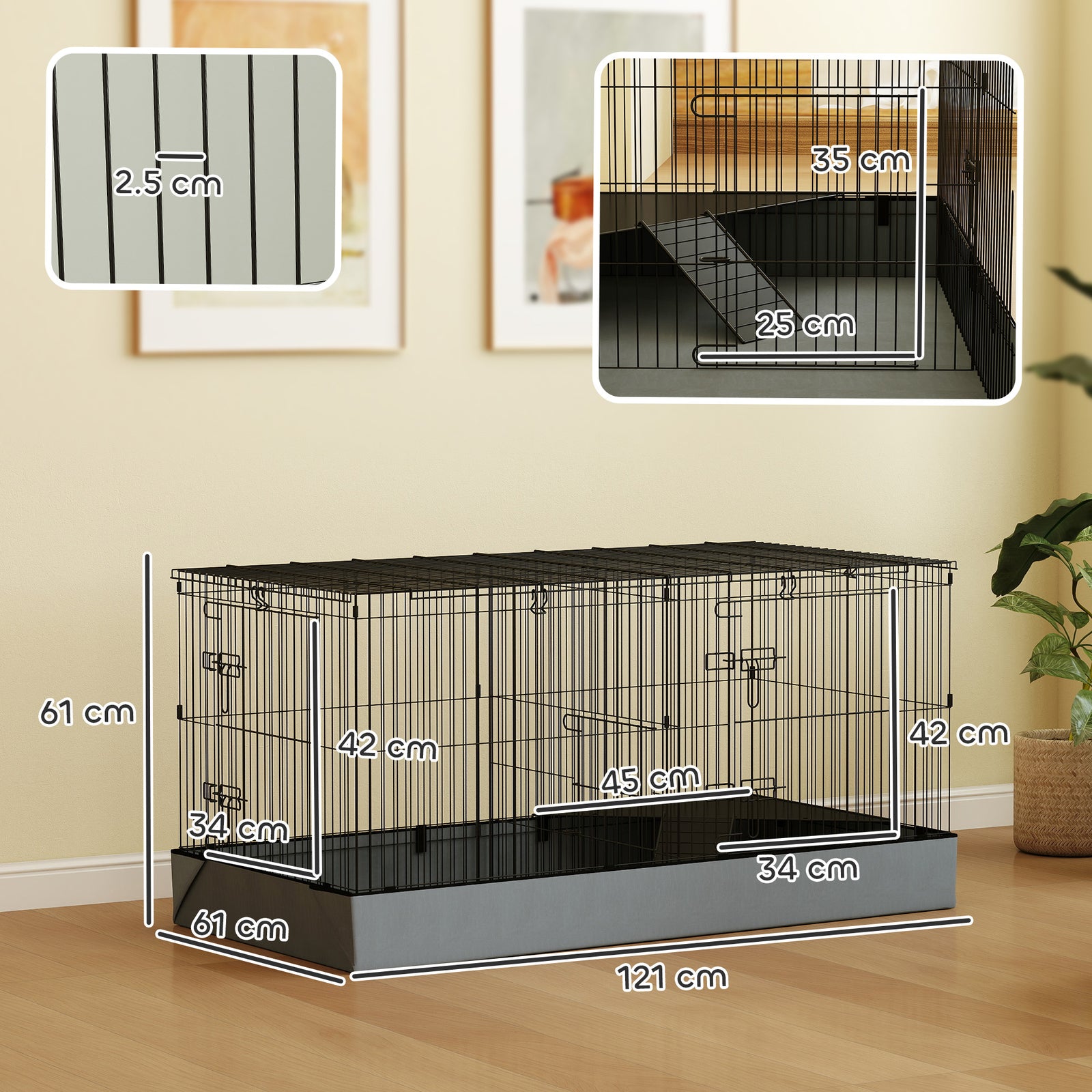 Guinea Pig Cage, 2 In 1 Rabbit Cage Pet Playpen With 2 Separate Area, Black