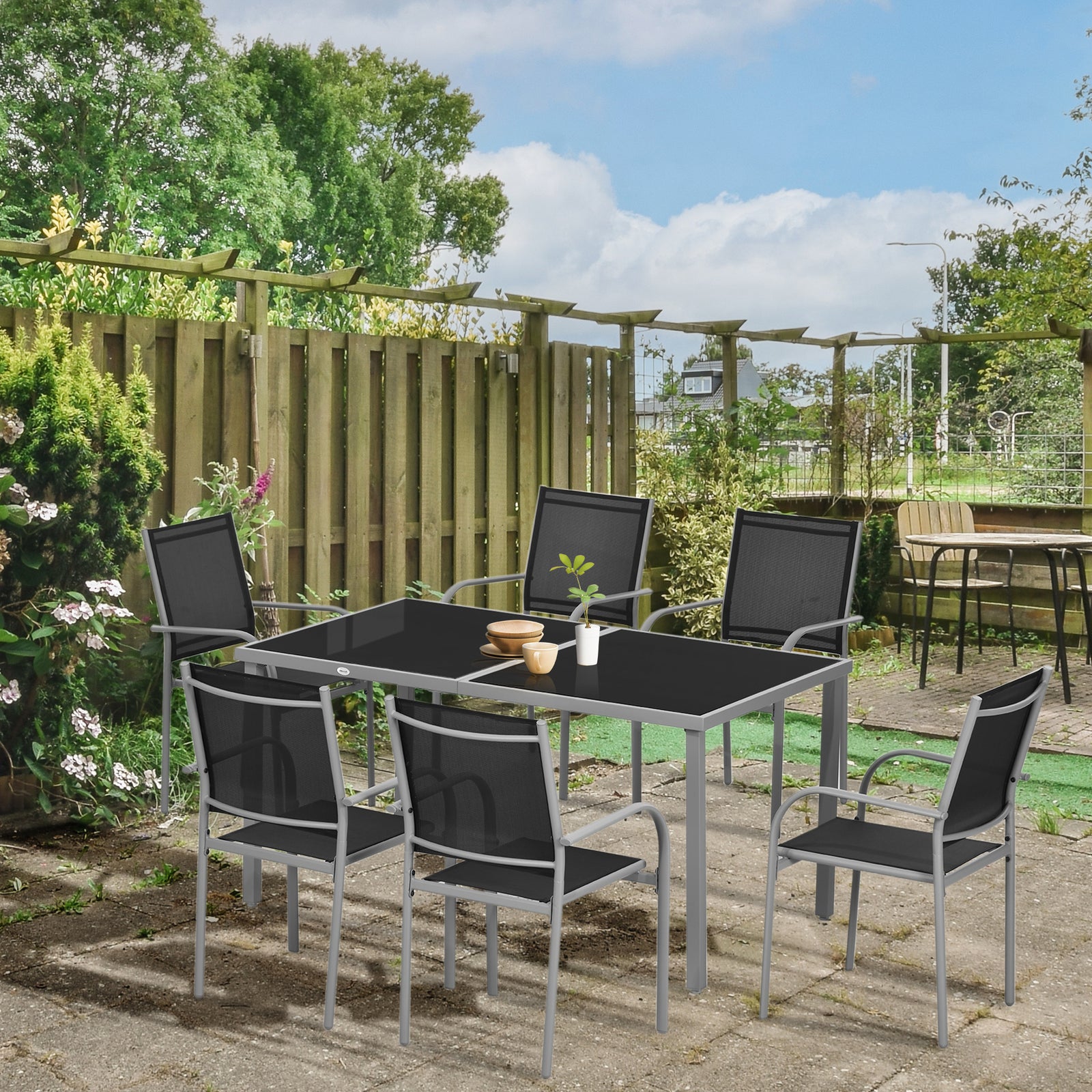 7 Piece Garden Dining Set, Steel Outdoor Table And Chairs | Black