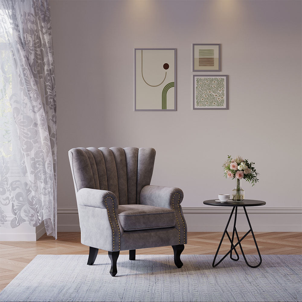 Vintage Old-fashion Velvet Wing Back Armchair With Studs | Grey