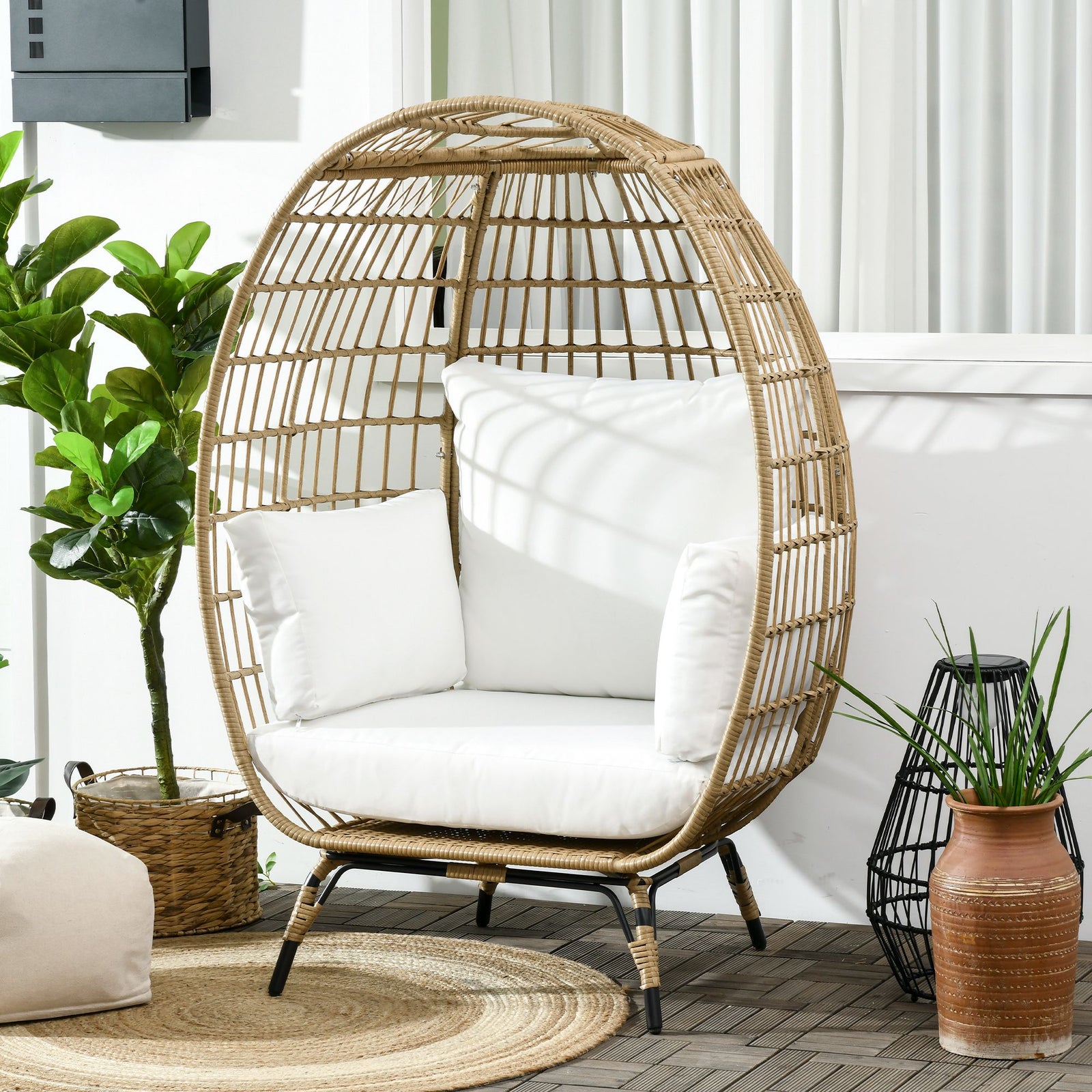 Round Rattan Egg Chair W/ Cushions Khaki