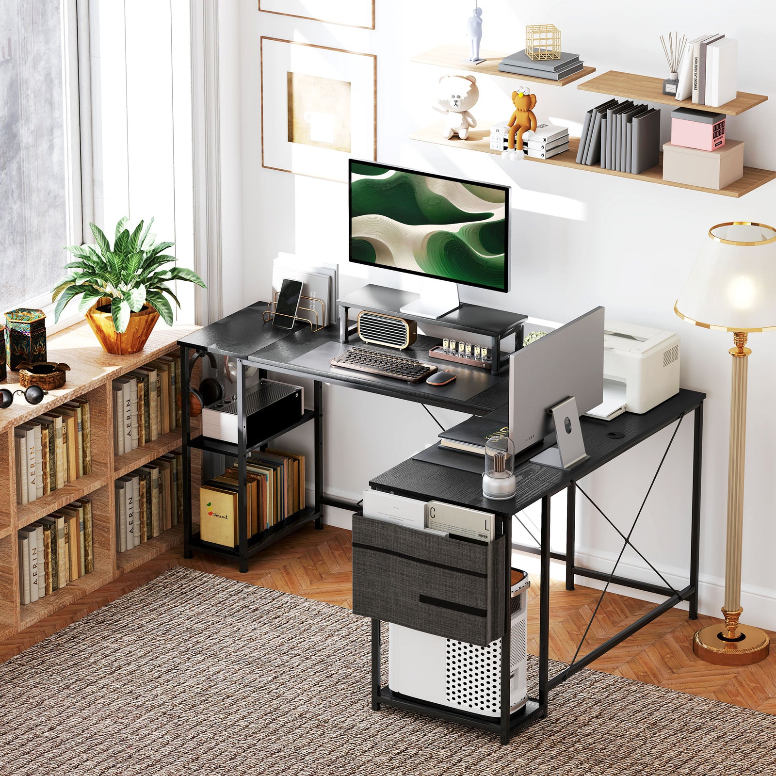 168cm Reversible L Shaped Desk, 240cm Two Person Desk | One Size | Black