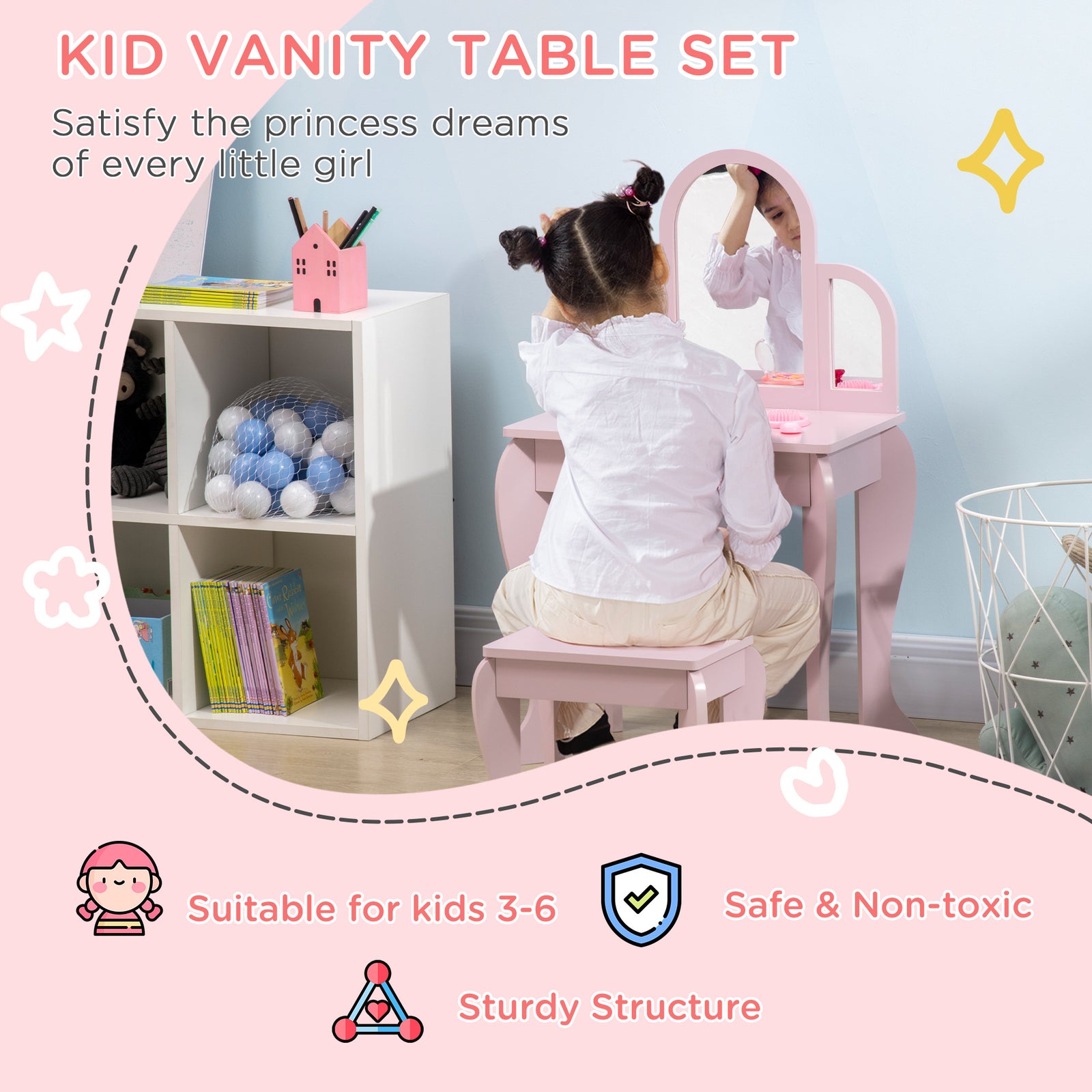 Kids Dressing Table Set Kids Vanity Set W/ Drawer, Mirror | Pink