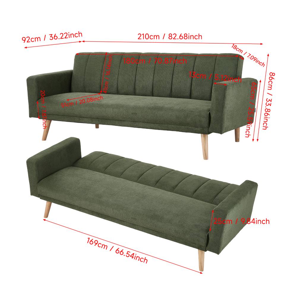 Convertible Sofa Bed, 3-level Adjustable Backrest Upholstered Fabric Sleeper Sofa With Wooden Legs, Green