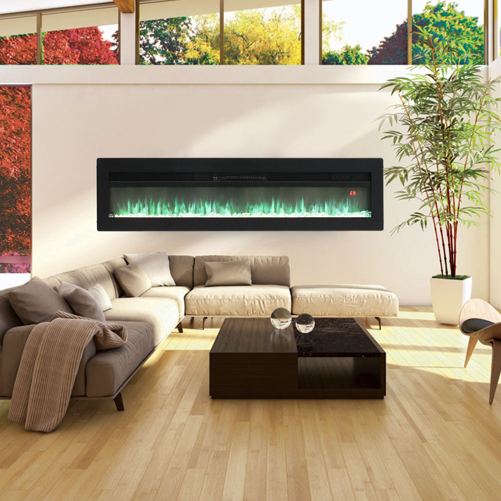60-inch Electric Fireplace, Recessed/wall Mounted/freestanding Heater With 12-colour Flame,crystal Bed, Remote Control & Timer | Black