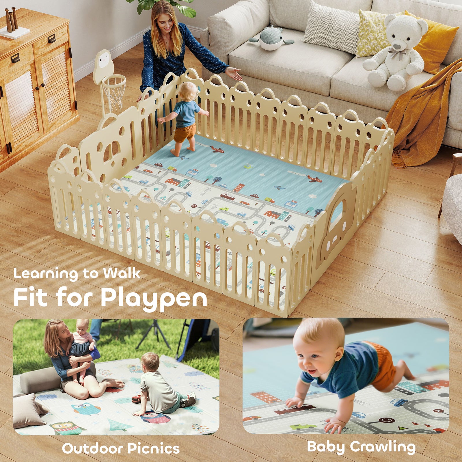 Baby Play Mat Double-sided, Kids Floor Mat, Car Track And Owl Theme