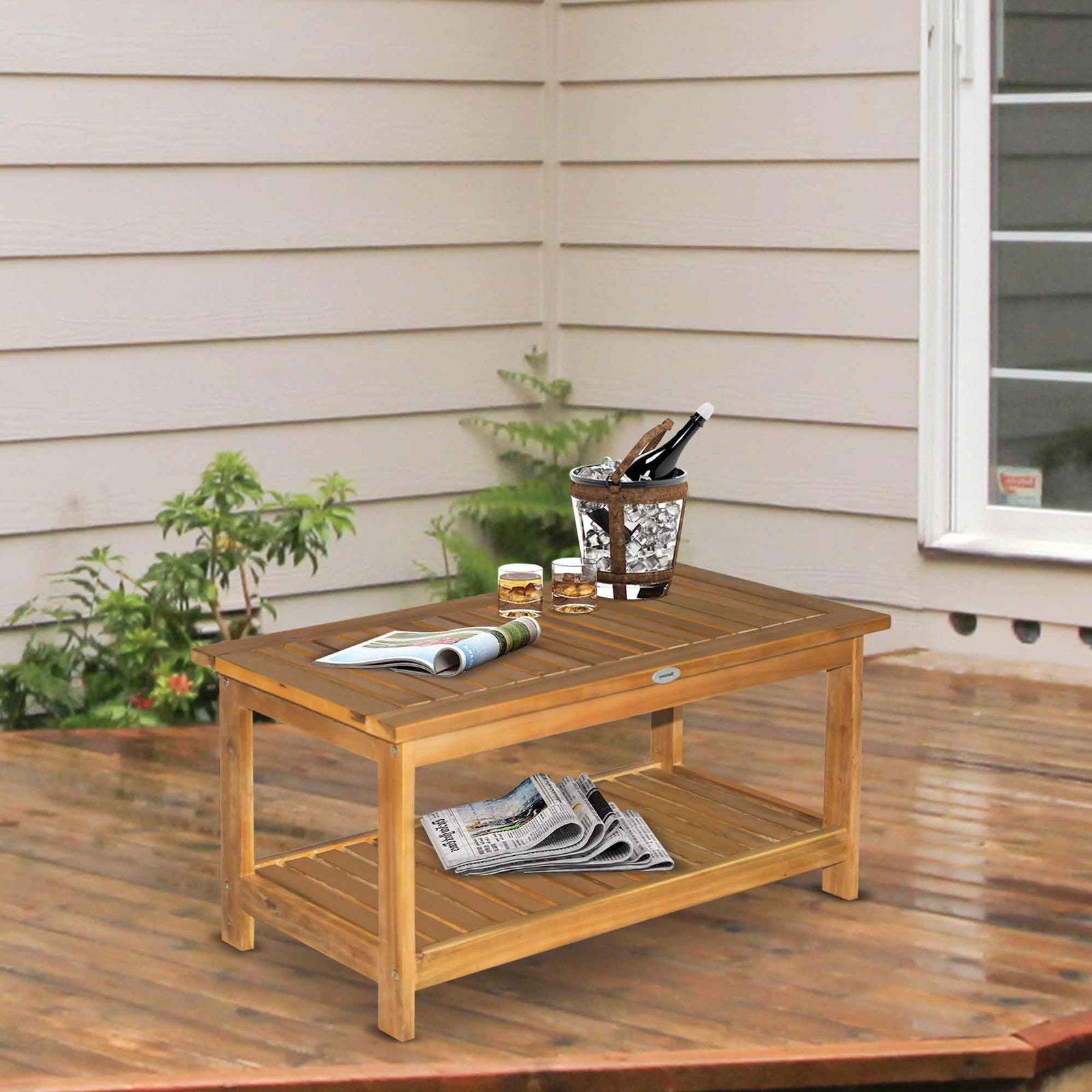 2-tier Outdoor Coffee Table, Wood Tea Table, Slat Design