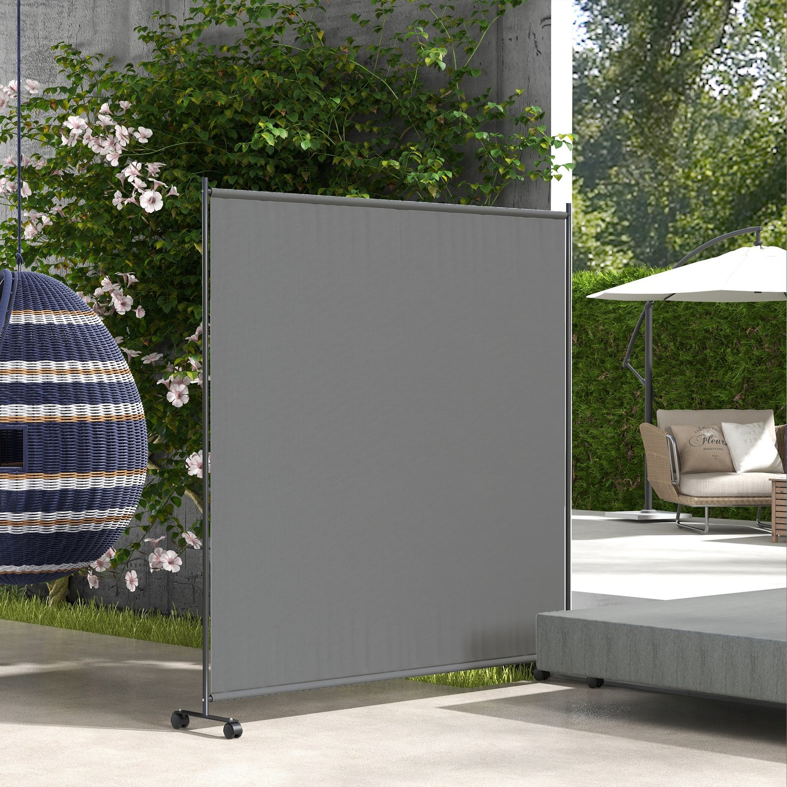 6ft Metal Garden Screen Divider W/ Wheels, Grey