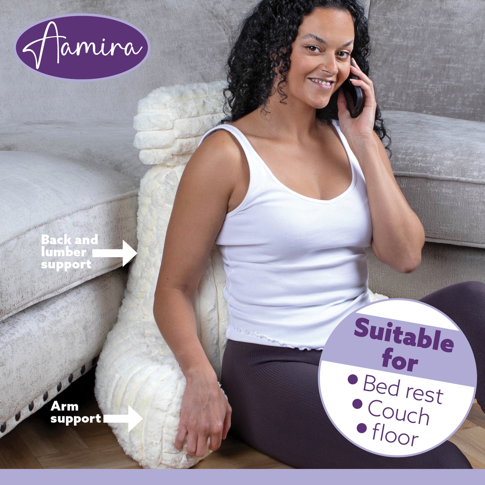 Luxurious Xl Reading Pillow Detachable Headrest, Soft Ribbed Faux Fur, Memory Foam Cuddle Cuddle Cushion Backrest | XL | Cream