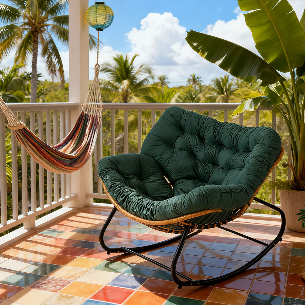 Elegant Rattan Rocking Chair With Cushioned Seat – Stylish And Comfortable Relaxation | Dark Green