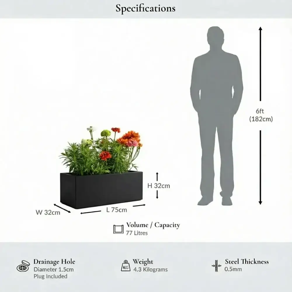 Zinc Galvanised Trough Planter | 75cm x 32cm x 32cm | Matte Black