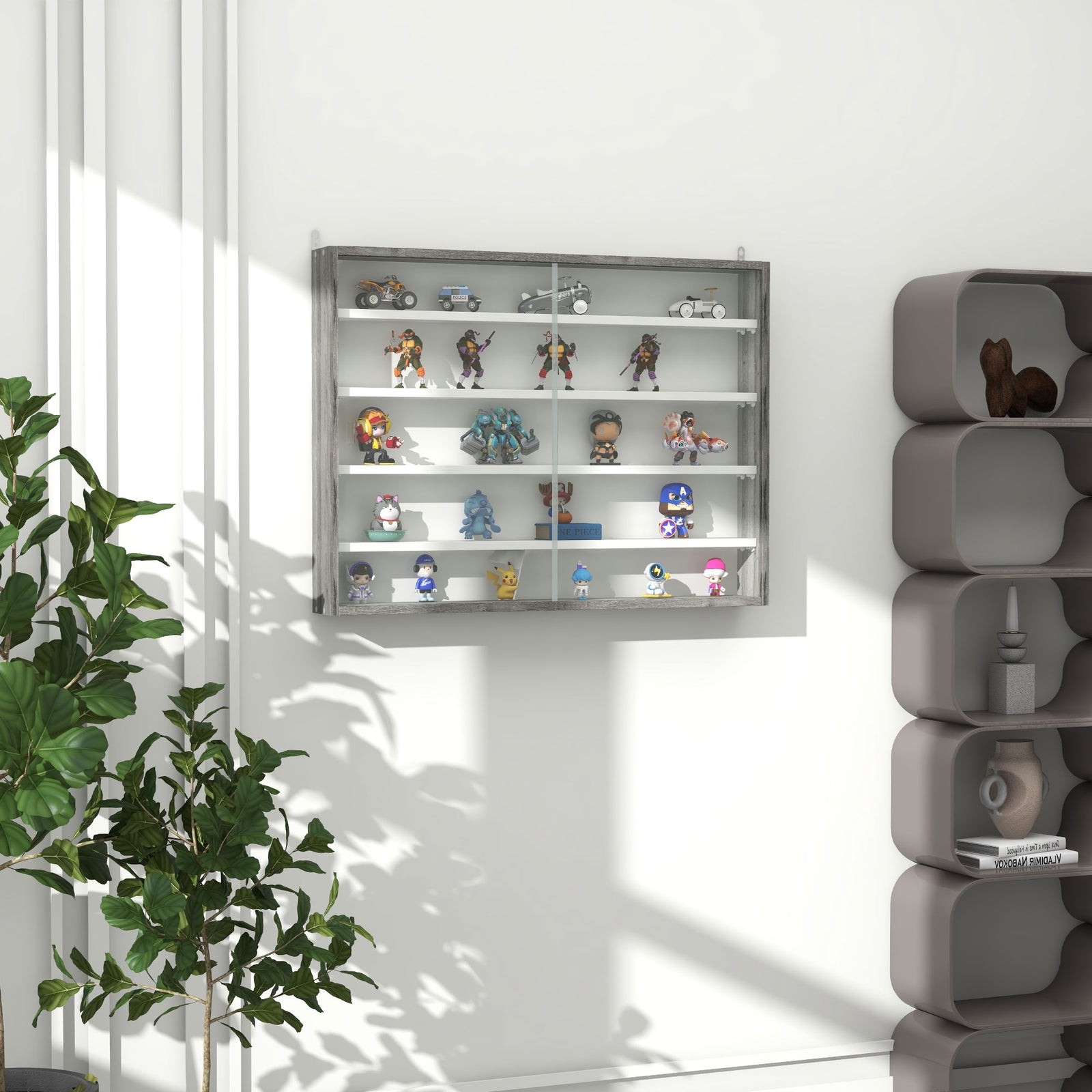 5-tier Wall Display Shelf Unit Cabinet Shelves Glass Doors | One Size | Gray