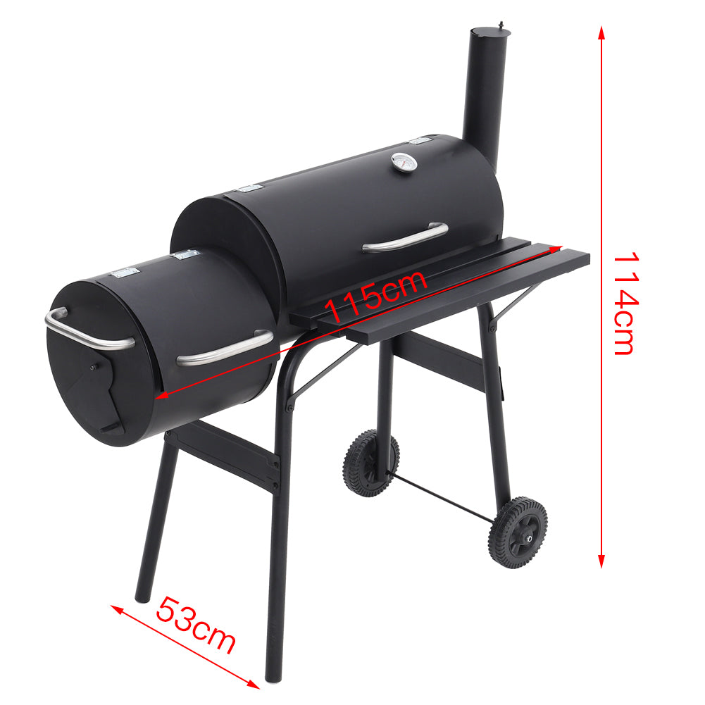 2-in-1 Charcoal Grill & Smoker Combo, Barrel BBQ with Offset Smoker, Outdoor Barbecue with Wheels, Thermometer & Side Shelf