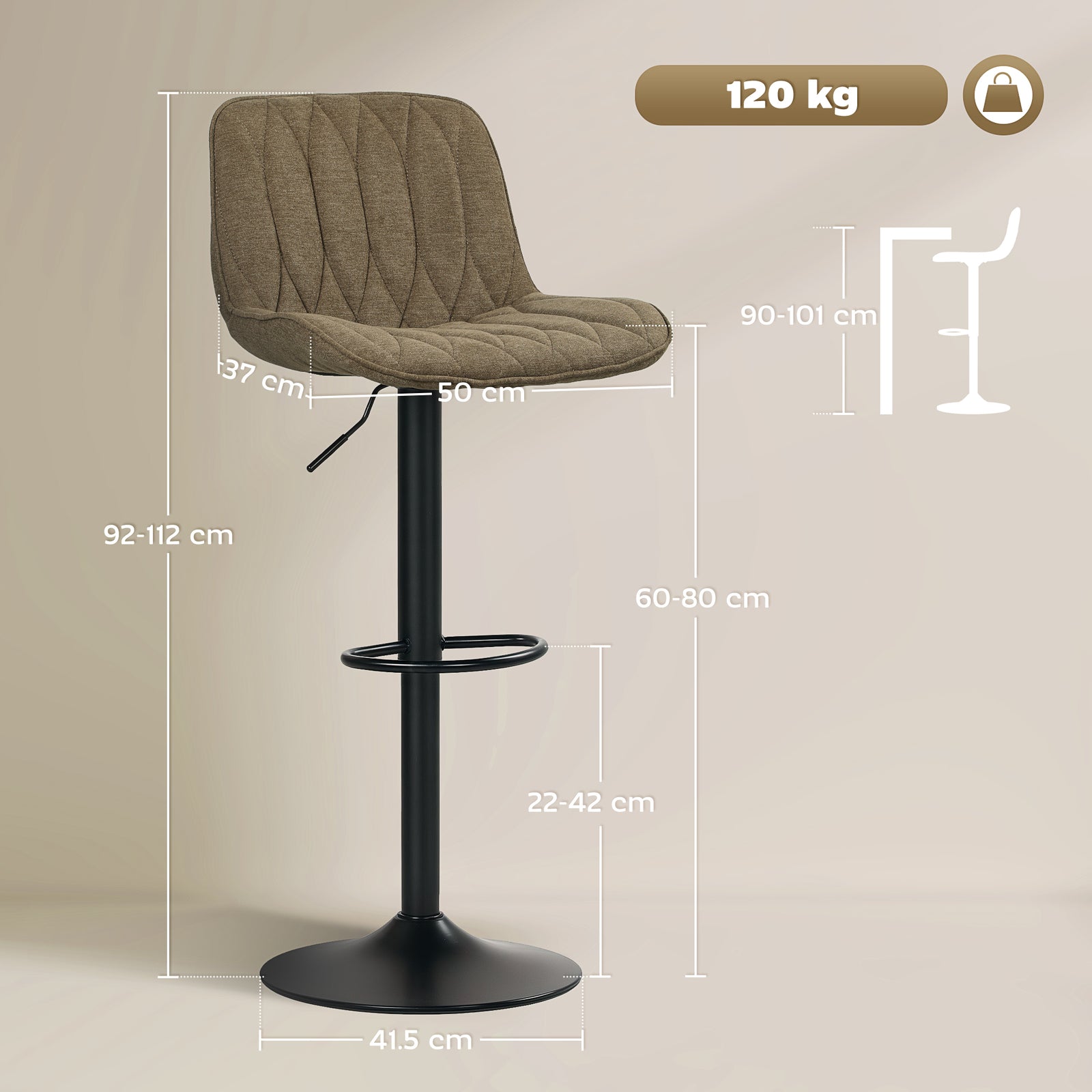 Bar Stools Set Of 2, Modern Armless Bar Chairs | Brown