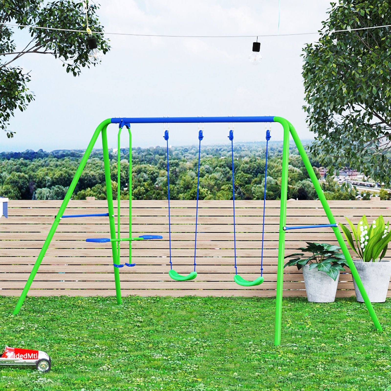 Metal 2 Swings & Seesaw Set Height Adjustable Outdoor Play Set | Green