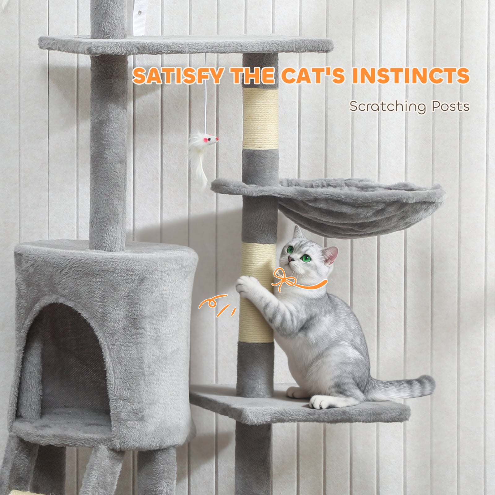 Cat Tree For Indoor Cats, 134cm Scratching Post Climbing Tower | Grey