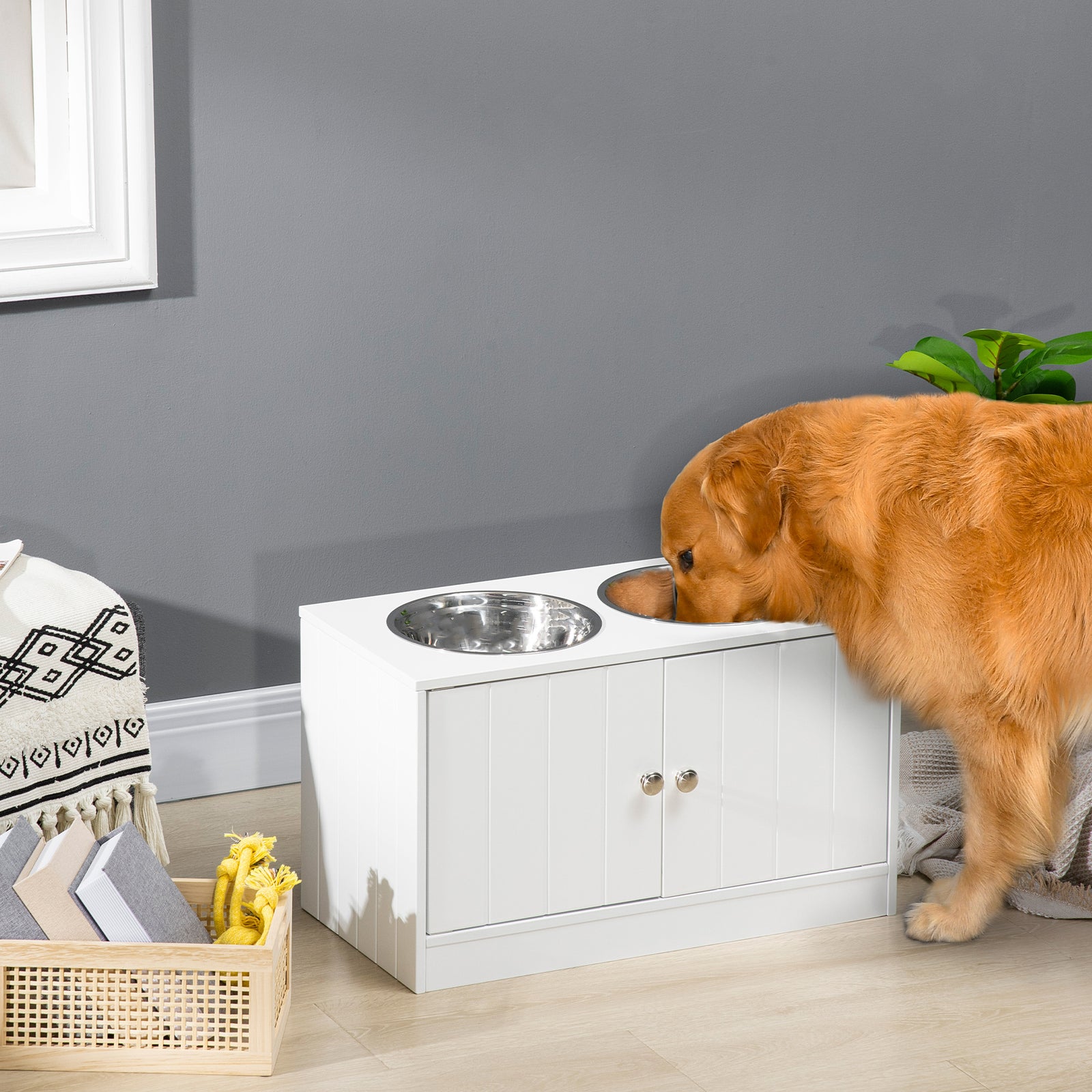 Raised Dog Bowls For Large Dogs Feeding Station W/ Stand, Storage | White